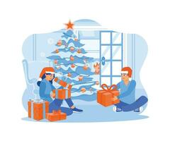 een gelukkig jong paar is opening Kerstmis cadeaus samen onder de Kerstmis boom. familie sharing Kerstmis vooravond concept. neiging modern vlak vector illustratie