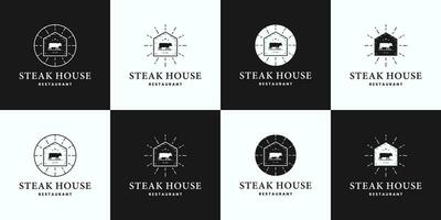 reeks van steak huis, koe, rundvlees steak, boerderij , boerderij logo ontwerp wijnoogst stijl vector