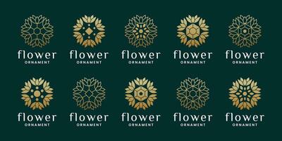reeks van luxe bloem ornament, vlak en lijn kunst logo ontwerp vector