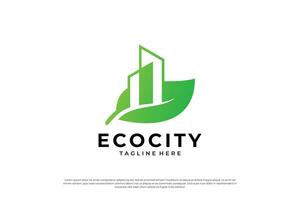 creatief eco stad logo ontwerp, gebouw combineren met blad sjabloon. vector