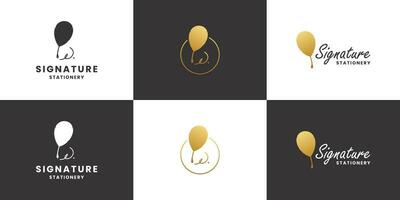 reeks van handtekening, veer pen, oud schrijfbehoeften logo ontwerp met gouden kleur vector