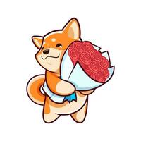 tekenfilm kawaii shiba inu hond karakter met bloem vector