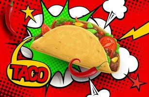 Mexicaans taco, retro grappig halftone bubbel poster vector