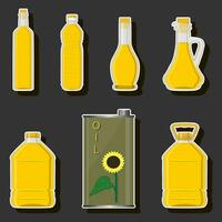 illustratie op thema grote kit olie in verschillende glazen flessen voor het koken van voedsel vector