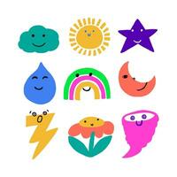 schattig kinderachtig weer pictogrammen set. zon, maan halve maan, wolk, ster, water druppel, regenboog, bliksem, orkaan, bloem symbolen. vector