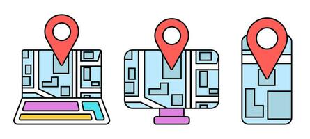 plaats van de markeerstift Aan kaart Aan laptop, bureaublad, telefoon. geolocatie pictogrammen reeks vector