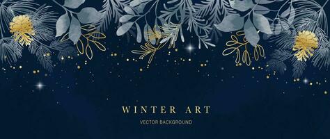 winter achtergrond vector. hand- geschilderd waterverf en goud borstel textuur, pijnboom ijshoorntje, botanisch bladeren, nacht hand- tekening. abstract kunst ontwerp voor behang, muur kunst, omslag, bruiloft. nodig uit kaart. vector