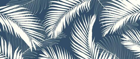 tropisch bladeren achtergrond vector. natuurlijk oerwoud palm bladeren ontwerp in minimaal pale blauw kleur met contour lijn kunst stijl. ontwerp voor kleding stof, afdrukken, omslag, banier, decoratie, behang. vector