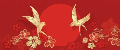 elegant Chinese oosters patroon achtergrond vector. elegant slikken vogel en kers bloesem bloem gouden lijn kunst Aan rood achtergrond. ontwerp illustratie voor gelukkig nieuw jaar, behang, banier, kaart. vector