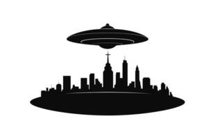 een ufo in stad zwart silhouet vector, vliegend schotel stad ontvoering silhouet vector