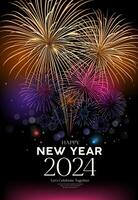 vuurwerk kleurrijk, gelukkig nieuw jaar 2024 poster folder ontwerp Aan nacht achtergrond, eps10 vector illustratie