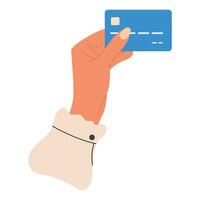 vrouw hand- houdt debiteren kaart. zonder contant geld betaling. betalen door krediet kaart concept vector