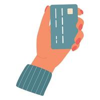 vrouw hand- houdt credit kaart. zonder contant geld draadloze betaling. betalen door debiteren kaart. vector