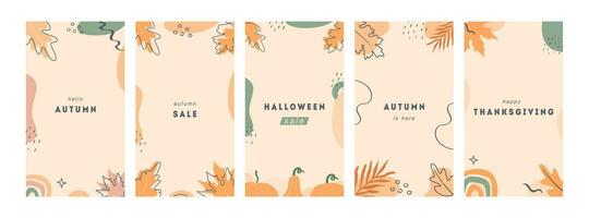 Boheems herfst humeur botanisch instagram verhaal Sjablonen. reeks van modern vallen seizoen verticaal kaarten of banners met Woud gebladerte en abstract meetkundig vormen. vector achtergrond voor sociaal media.