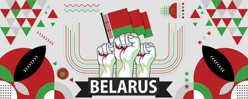 Wit-Rusland nationaal of onafhankelijkheid dag banier voor land viering. vlag van Wit-Rusland met verheven vuisten. modern retro ontwerp met typorgaphy abstract meetkundig pictogrammen. vector illustratie.