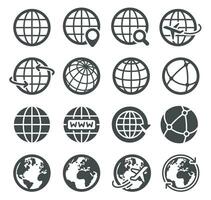aarde wereldbol pictogrammen. wereldwijd kaart bolvormig planeet, aardrijkskunde continent contour, wereld baan globaal communicatie toerisme logo vector symbolen
