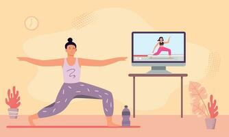 online yoga klas. vrouw meditatie en Doen geschiktheid vector