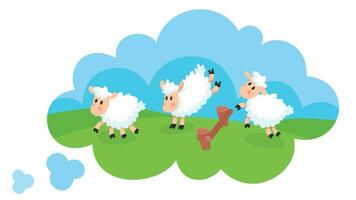 jumping schapen in wolk. dier stuiteren over- hek Aan weide. tellen schapen naar slaap in gedachte. slapeloosheid of slapen problemen. vector