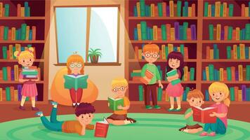 kinderen in bibliotheek lezing boeken. meisjes en jongens aan het leren, krijgen kennis. jong studenten aan het doen huiswerk vector