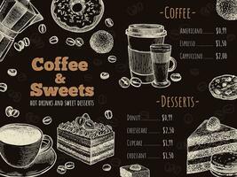 koffie menu. koffie huis, bar of cafe menu ontwerp sjabloon, heet drankjes, desserts en taarten, schetsen reclame folder vector illustratie
