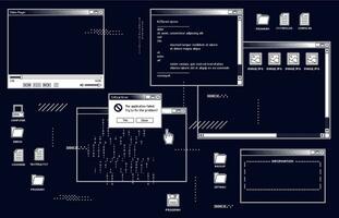 1 beetje retro gebruiker koppel met video speler, dialoog doos met systeem informatie en Open map met afbeeldingen vector