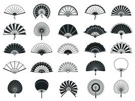 handheld fan. zwart silhouetten van Chinese, Japans papier vouwen hand- fans, traditioneel Aziatisch decoratie en souvenir vector geïsoleerd reeks