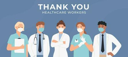 dank u artsen. dapper gezondheidszorg vechten coronavirus het uitbreken in ziekenhuizen. medisch personeel artsen en verpleegsters vector illustratie.