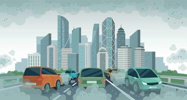 auto's lucht vervuiling. vervuild lucht milieu Bij stad, voertuig verkeer en giftig vervuiling. auto met koolstof dioxide wolken, vector concept