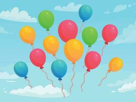 ballonnen vliegend in lucht tussen wolken. kleurrijk rubber ballonnen voor vakantie viering. decoratie elementen vector