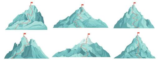 route naar berg piek. beklimming naar bergen met rood vlag Aan top. vooruitgang infografieken, succes bedrijf, visie tekenfilm vector concepten