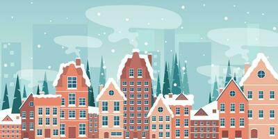 winter in dorp vakantie sjabloon. winter landschap met schattig huizen en bomen, vrolijk Kerstmis groet kaart sjabloon. vector illustratie in vlak stijl