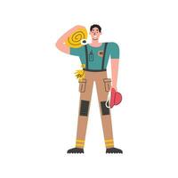 brandweerman personage ontwerp concept. jong volwassen noodgeval arbeider in uniform. brandweerman Holding hydrant geïsoleerd Aan wit. helpen en urgentie onderhoud. mannetje karakter hand- getrokken vlak vector illustratie