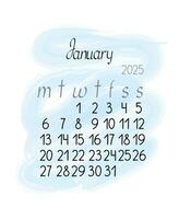 kalender maandelijks sjabloon voor januari 2025 in gemakkelijk minimalistische stijl verticaal portret oriëntatie, abstract kleurrijk vormloos achtergrond, week begint Aan maandag, vector afdrukbare bladzijde