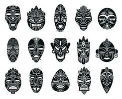 afgod masker. monochroom zwart Hawaii tiki tahitisch ritueel totem, exotisch traditioneel cultuur antiek mythologie, etnisch ornament vector maskers