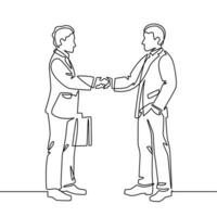 een lijn handdruk. bedrijf overeenkomst symbool beven handen, vennootschap teamwerk, partner samenwerking doorlopend lijn vector concept