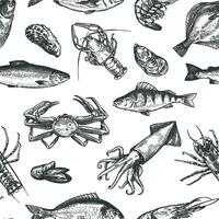 zeevruchten naadloos patroon. hand- getrokken kreeft, krab, oester en mossel, inktvis, garnalen en vissen schetsen marinier leven afdrukken vector structuur