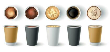 koffie naar Gaan beker. papier cappuccino cups top en kant visie. heet Amerikaans, espresso en latte in karton meenemen pakket mockup vector reeks