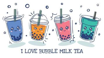 bubbel thee. plastic kop met schattig emoties glimlach tekens en parel melk thee, groente, koffie en fruit thee met ballen, Aziatisch drinken tekenfilm vector reeks