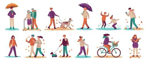 mensen in vallen seizoen. mannen en Dames wandelen straat, rijden fiets, wandelen hond. jong en volwassenen met paraplu in herfst park vector reeks