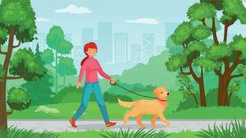 meisje wandelen met hond. persoon wandelen hoektand vector