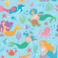 meermin naadloos patroon. sprookje prinsessen en zee schepsels onderwater- wereld ontwerp voor behang, kleding stof afdrukken mode vector structuur