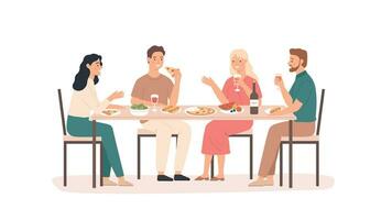vrienden aan het eten. pret en glimlachen mensen Bij tafel in restaurant, cafe of huis drinken drank, eten smakelijk gerechten vriendelijk chillen vector concept