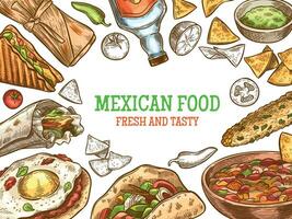 Mexicaans voedsel. hand- getrokken traditioneel Mexicaans tequila en borden, burrito, taco's en nacho's, enchilada wijnoogst schetsen vector achtergrond