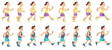 Mens en vrouw karakter rennen. mensen animatie. sport atleet in sportkleding hebben marathon ras. jogging paar vector