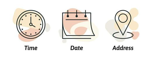 tijd, datum, plaats of plaats pictogrammen symbool. modieus en modern vector illustratie in vlak stijl
