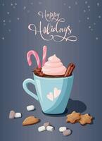 winter heet chocola, koffie met kaneel, room, Kerstmis snoep riet, marshmallows en koekjes. gelukkig vakantie inscriptie. schattig Kerstmis groet kaart ontwerp element. vector