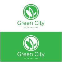 groen en gezond modern stad met blad logo ontwerp voor bedrijf, eigendom, gebouw, eco stad, toekomst stad, architect, milieuvriendelijk vriendelijk vector