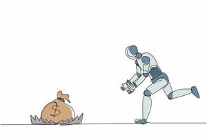 continue een lijntekening robot die loopt om geldzak te vangen in de stalen berenval. humanoïde robot cybernetisch organisme. toekomstige robotontwikkeling. enkele lijn tekenen ontwerp vector grafische afbeelding