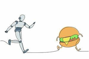 enkele één lijntekening robot rennen hamburger achterna. voedsel landgoed fabriek industrie. toekomstige technologische ontwikkeling. machinale leerprocessen. doorlopende lijn tekenen ontwerp grafische vectorillustratie vector