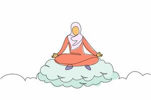 enkele doorlopende lijntekening ontspannen arabische zakenvrouw mediteert in lotuspositie op wolk. rustgevende arabische vrouw ontspannen met yoga pose. dynamische één lijn trekken grafisch ontwerp vectorillustratie vector